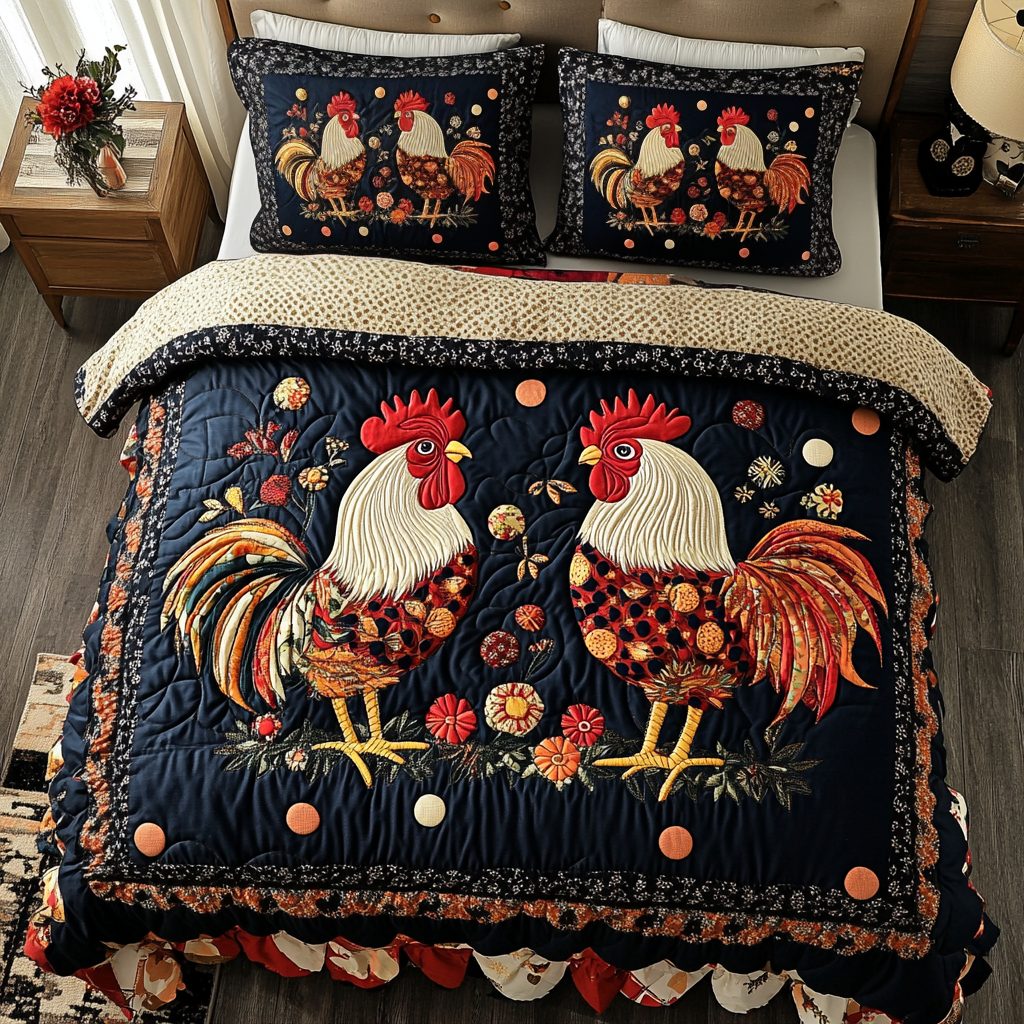 Barnyard Elegance quilted 3-piece bedding set on a made bed with two matching pillow shams