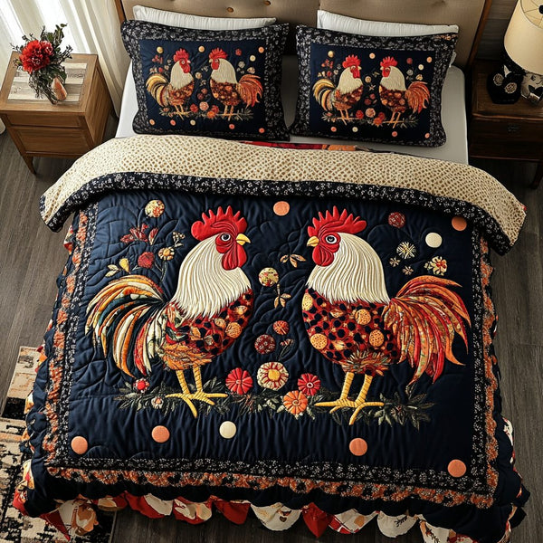 Barnyard Elegance quilted 3-piece bedding set on a made bed with two matching pillow shams