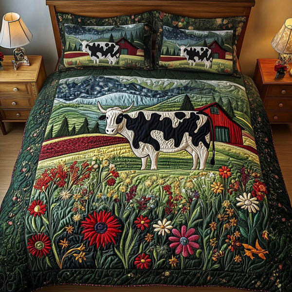 Barnyard Glow quilted 3-piece bedding set on a made bed with two matching pillow shams