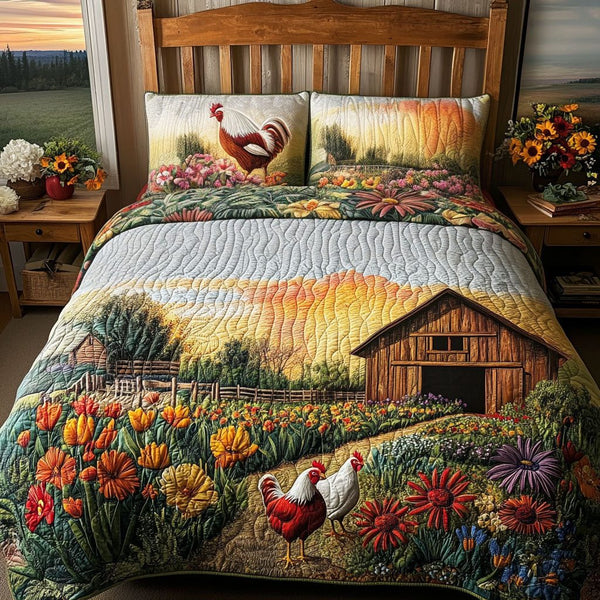Barnyard Haven quilted 3-piece bedding set on a made bed with two matching pillow shams