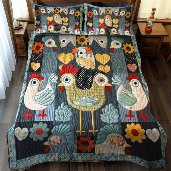 Barnyard Hens quilted 3-piece bedding set on a made bed with two matching pillow shams