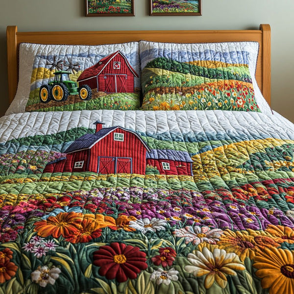 Barnyard Meadow quilted 3-piece bedding set on a made bed with two matching pillow shams