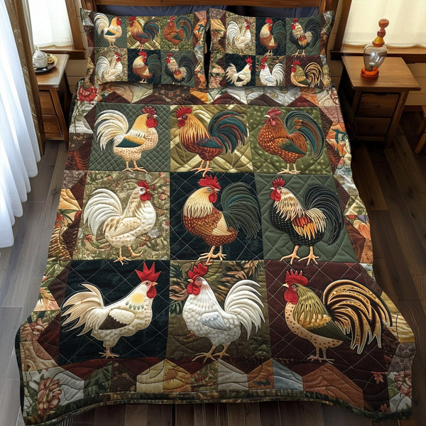 Barnyard Rooster quilted 3-piece bedding set on a made bed with two matching pillow shams
