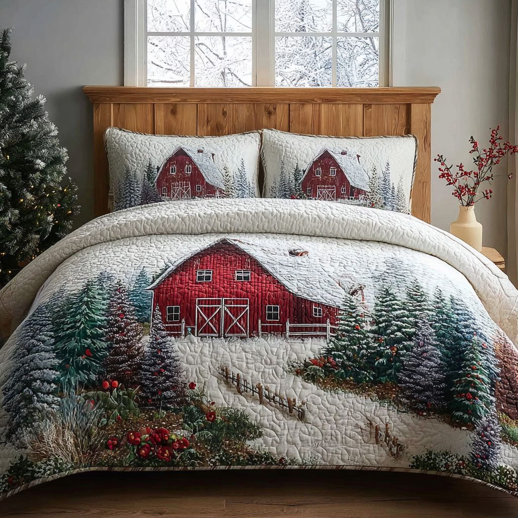 Barnyard Winter quilted 3-piece bedding set on a made bed in a winter-styled bedroom