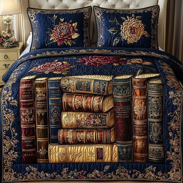 Baroque Book Retreat quilted 3-piece bedding set on a made bed with two matching pillow shams
