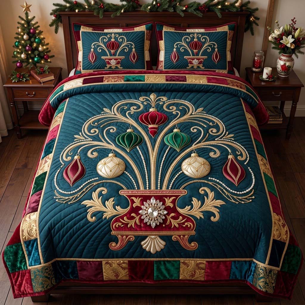 Baroque Ornament Fountain quilted 3-piece bedding set on a made bed with two matching pillow shams