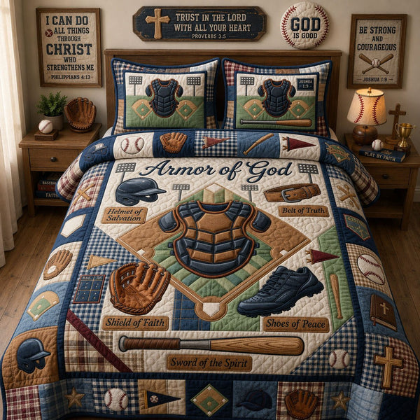 Baseball Armor Of God quilted 3-piece bedding set on a made bed in a softly lit bedroom