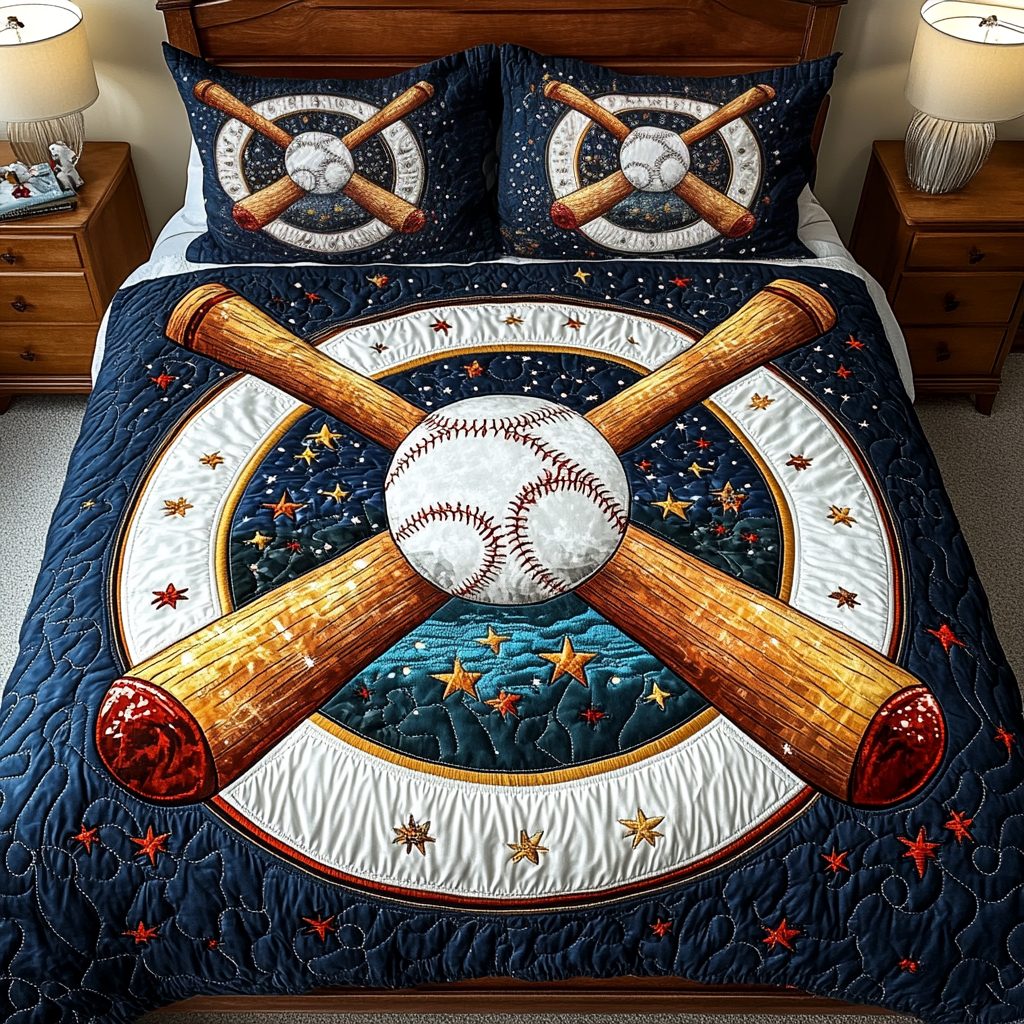 Baseball Dreams quilted 3-piece bedding set on a made bed with two matching pillow shams