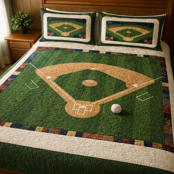 Baseball Field quilted 3-piece bedding set on a made bed with two matching pillow shams