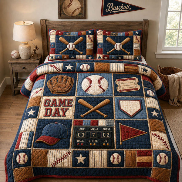 Baseball Game Day Legacy quilted 3-piece bedding set on a made bed with two matching pillow shams