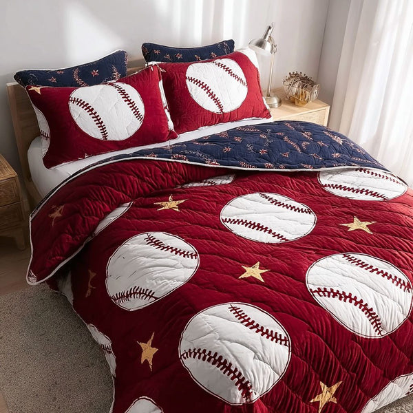 Baseball Glory quilted 3-piece bedding set on a made bed with two matching pillow shams