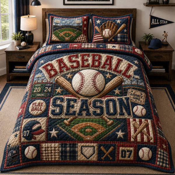 Baseball Season quilted 3-piece bedding set on a made bed with two matching pillow shams