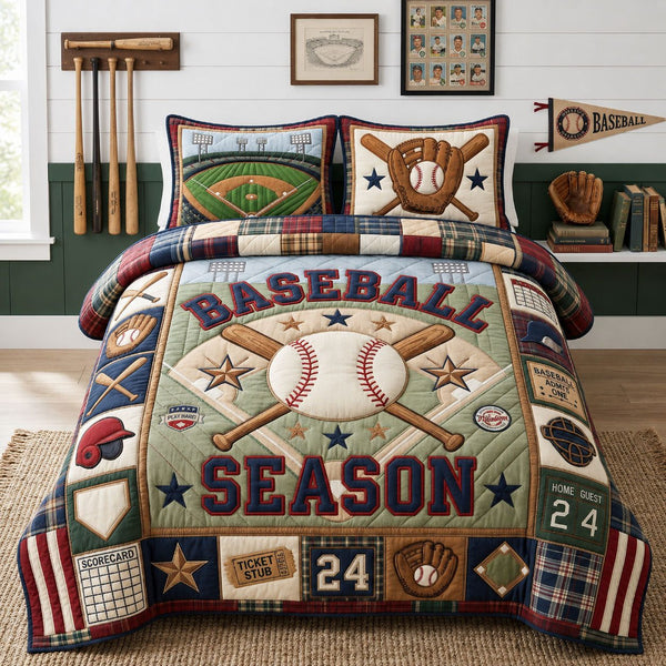 Baseball Season quilted 3-piece bedding set on a made bed with two matching pillow shams