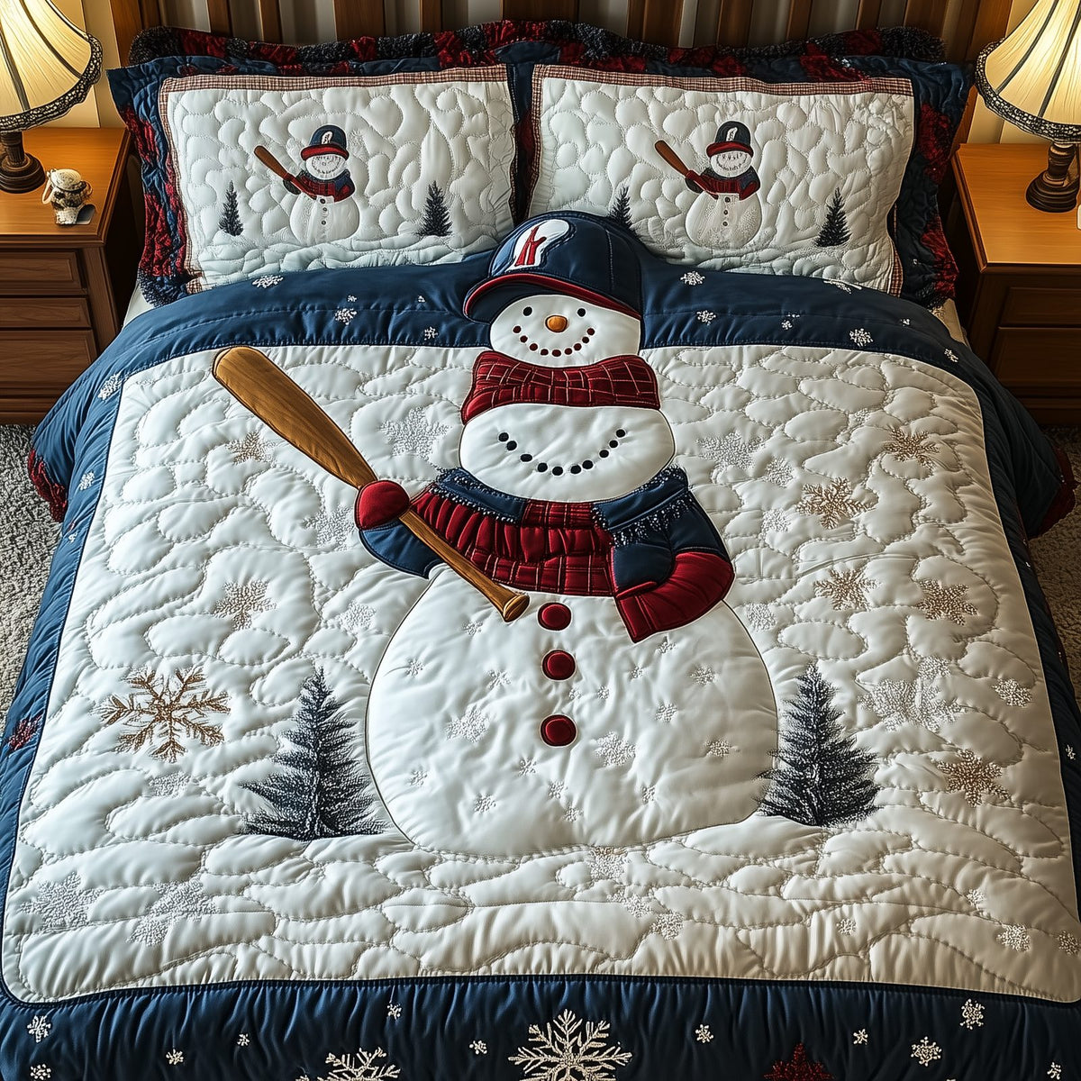 Baseball Snowman quilted 3-piece bedding set on a made bed in a winter-styled bedroom