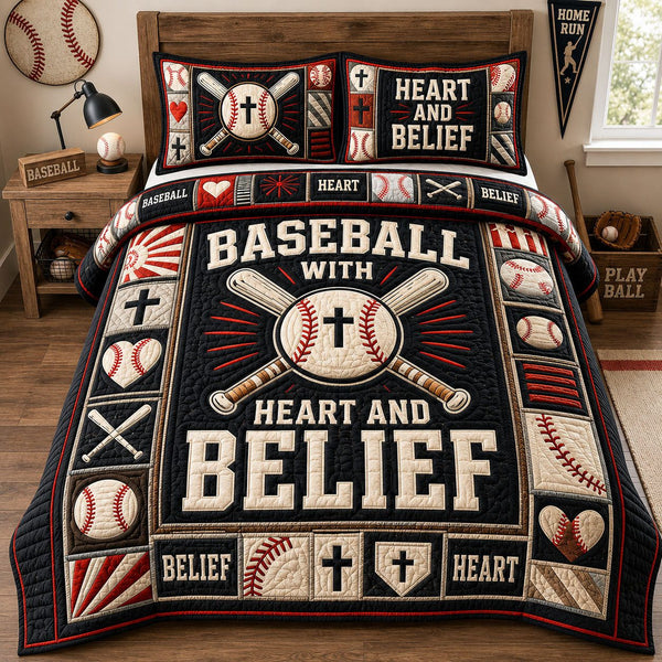 Baseball With Heart And Belief quilted 3-piece bedding set on a made bed with two matching pillow shams