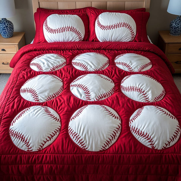 Bases Loaded quilted 3-piece bedding set on a made bed with two matching pillow shams