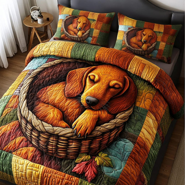 Basket Bliss quilted 3-piece bedding set on a made bed with two matching pillow shams