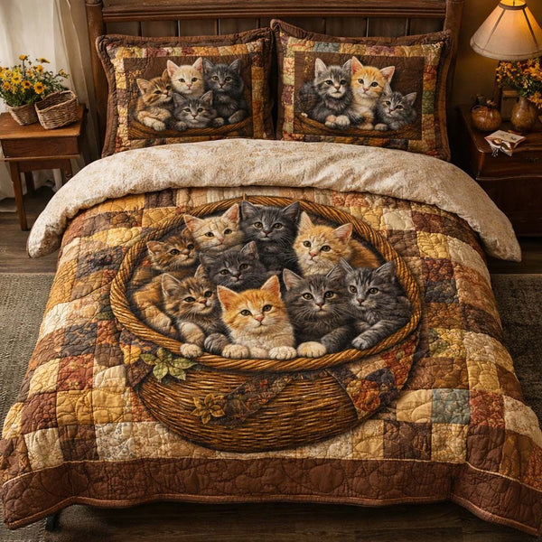 Basket Kittens quilted 3-piece bedding set on a made bed with two matching pillow shams