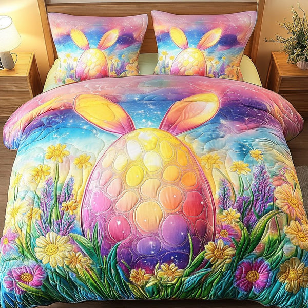 Basket of Dreams quilted 3-piece bedding set on a made bed with two matching pillow shams