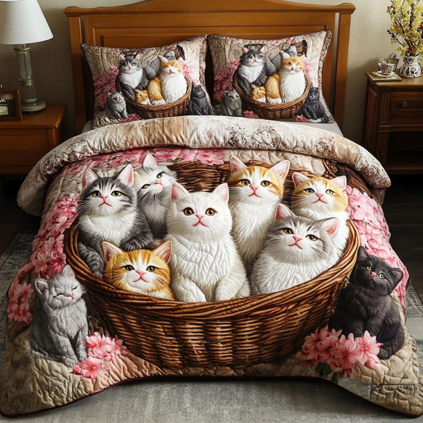 Basket of Kittens quilted 3-piece bedding set on a made bed with two matching pillow shams