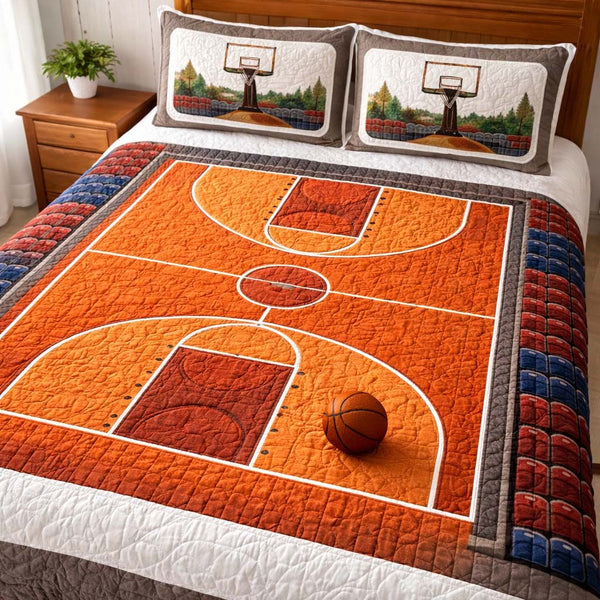 Basketball Court quilted 3-piece bedding set on a made bed with two matching pillow shams