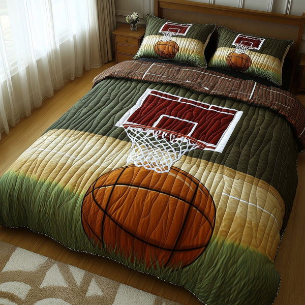 Basketball Moment Frozen quilted 3-piece bedding set on a made bed with two matching pillow shams