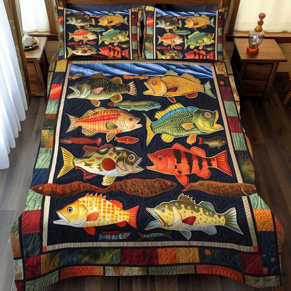Bass Beats quilted 3-piece bedding set on a made bed with two matching pillow shams