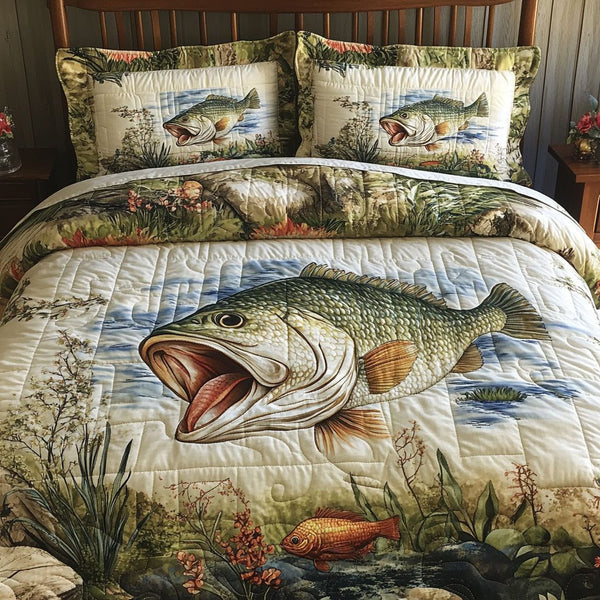 Bass Bound quilted 3-piece bedding set on a made bed with two matching pillow shams
