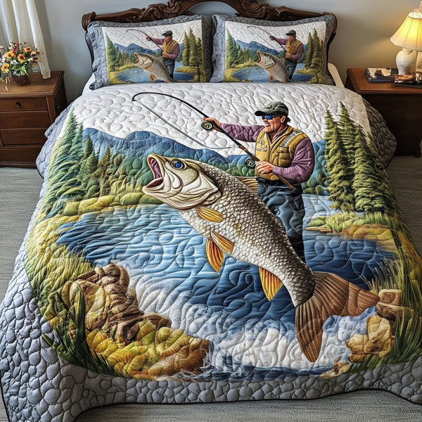 Bass Bound quilted 3-piece bedding set on a made bed with two matching pillow shams