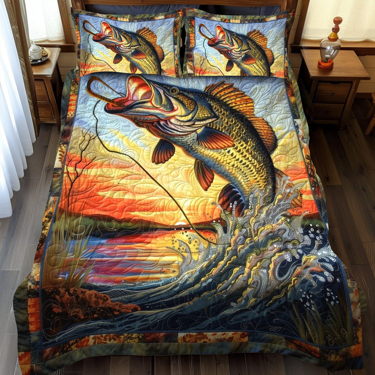 Bass Bounty quilted 3-piece bedding set on a made bed with two matching pillow shams