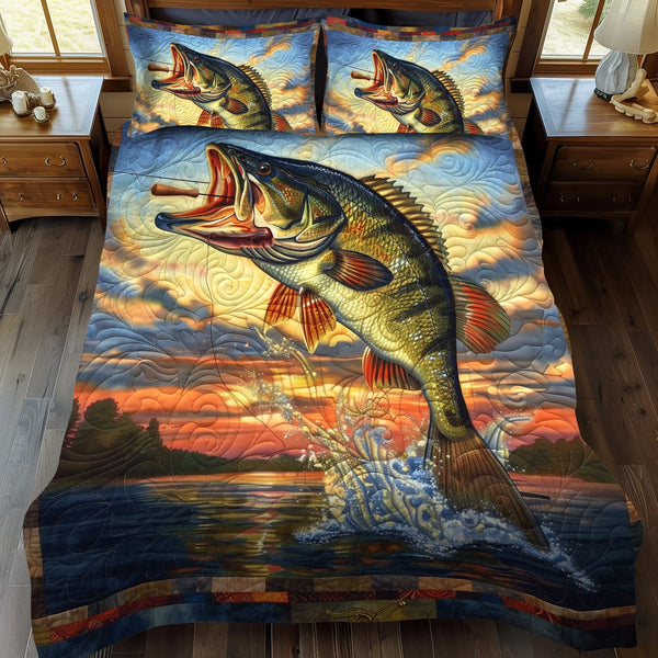 Bass Breakout quilted 3-piece bedding set on a made bed with two matching pillow shams