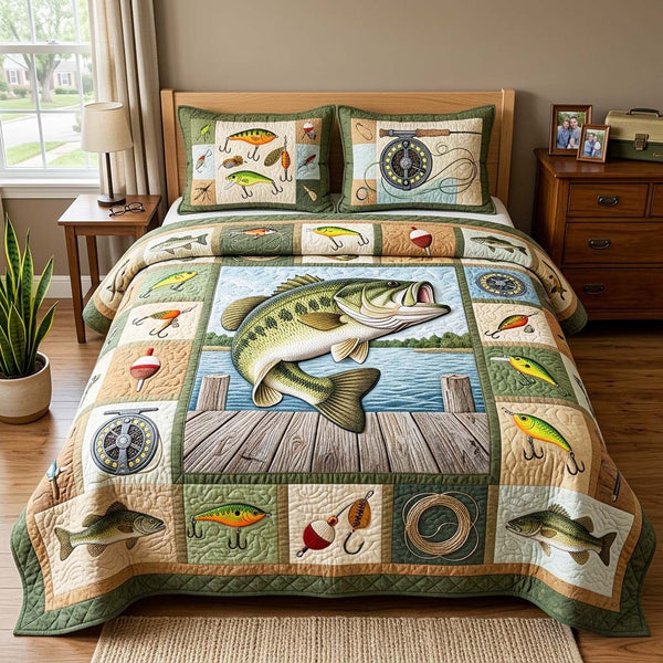 Bass Catch quilted 3-piece bedding set on a made bed with two matching pillow shams