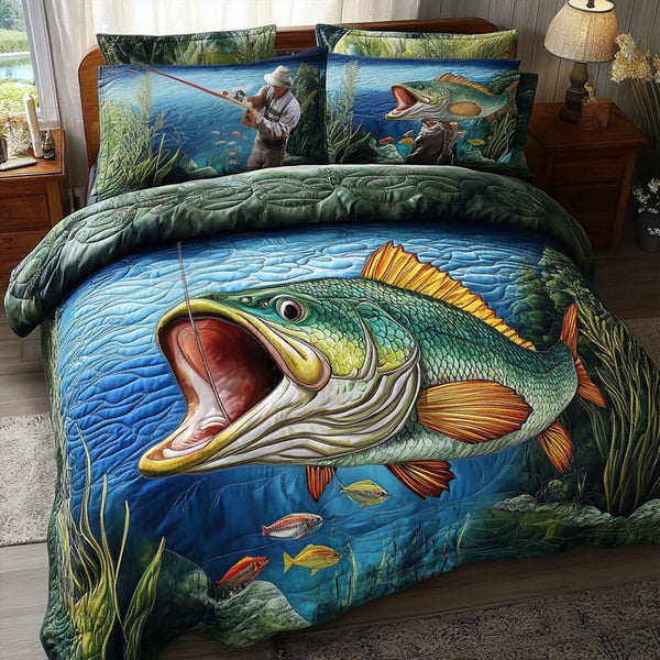 Bass Catch quilted 3-piece bedding set on a made bed with two matching pillow shams