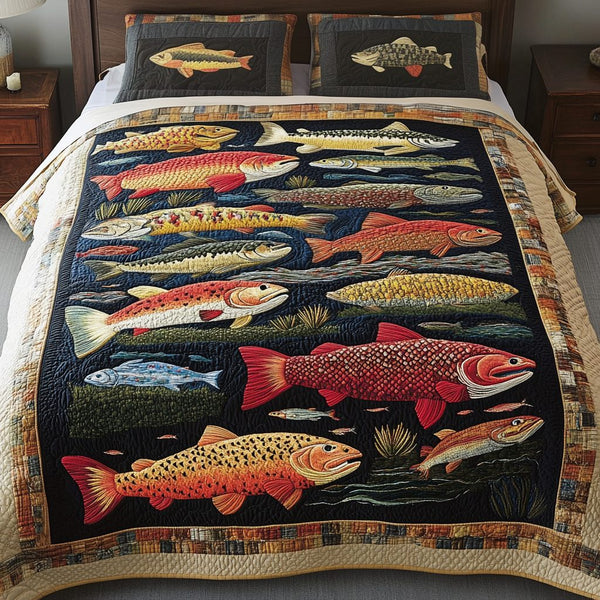 Bass Creek quilted 3-piece bedding set on a made bed with two matching pillow shams