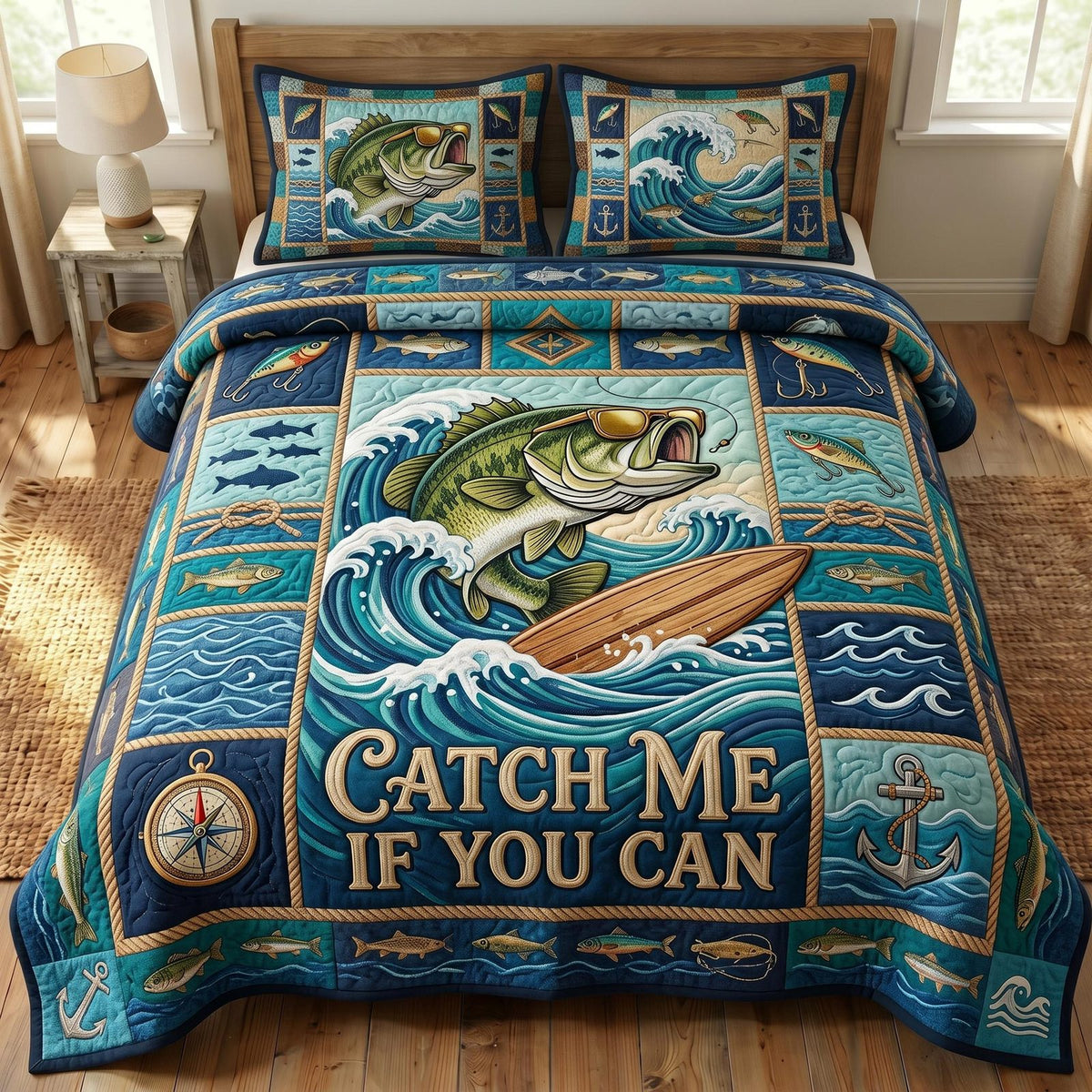 Bass Fishing quilted 3-piece bedding set on a made bed with two matching pillow shams