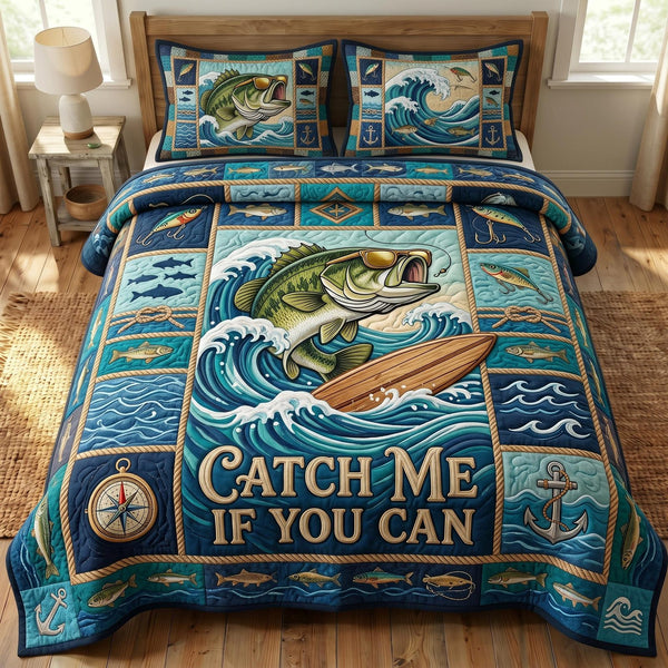 Bass Fishing quilted 3-piece bedding set on a made bed with two matching pillow shams