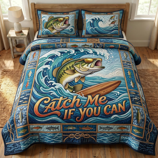 Bass Fishing quilted 3-piece bedding set on a made bed with two matching pillow shams