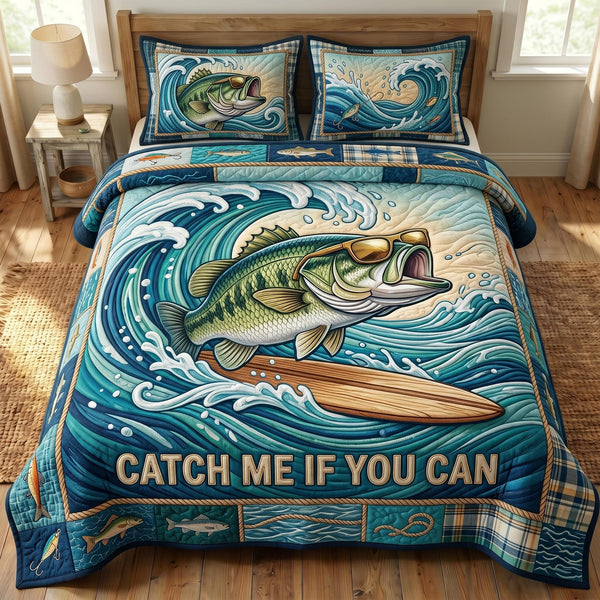 Bass Fishing quilted 3-piece bedding set on a made bed with two matching pillow shams
