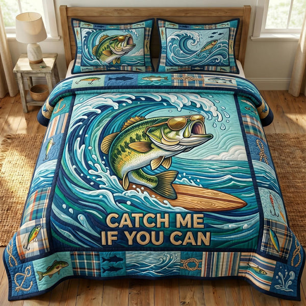 Bass Fishing quilted 3-piece bedding set on a made bed with two matching pillow shams