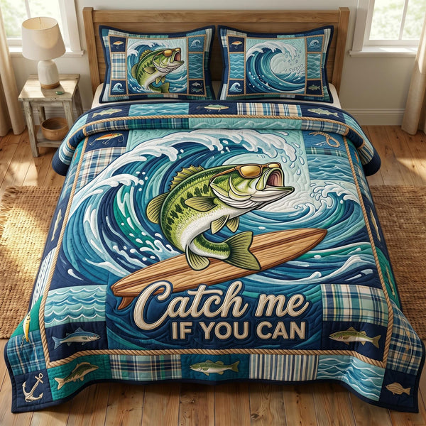 Bass Fishing quilted 3-piece bedding set on a made bed with two matching pillow shams