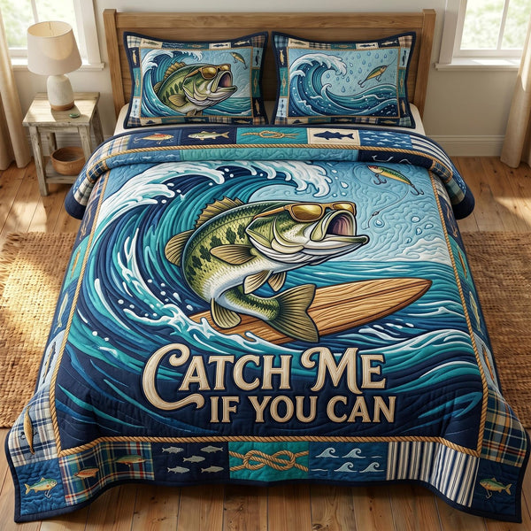 Bass Fishing quilted 3-piece bedding set on a made bed with two matching pillow shams