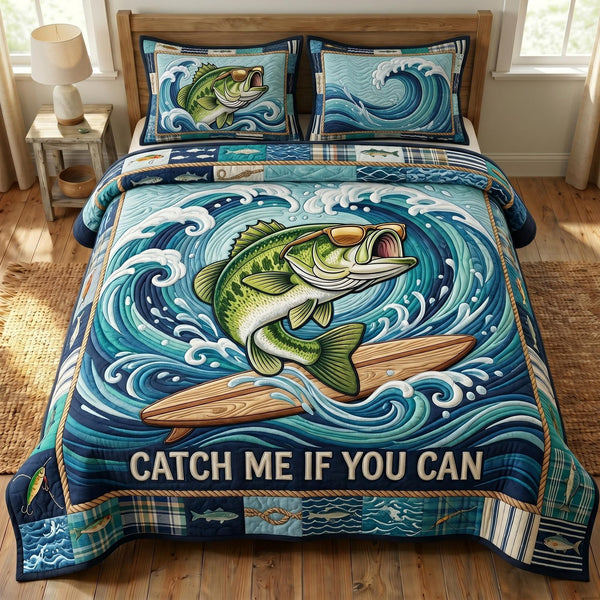 Bass Fishing quilted 3-piece bedding set on a made bed with two matching pillow shams