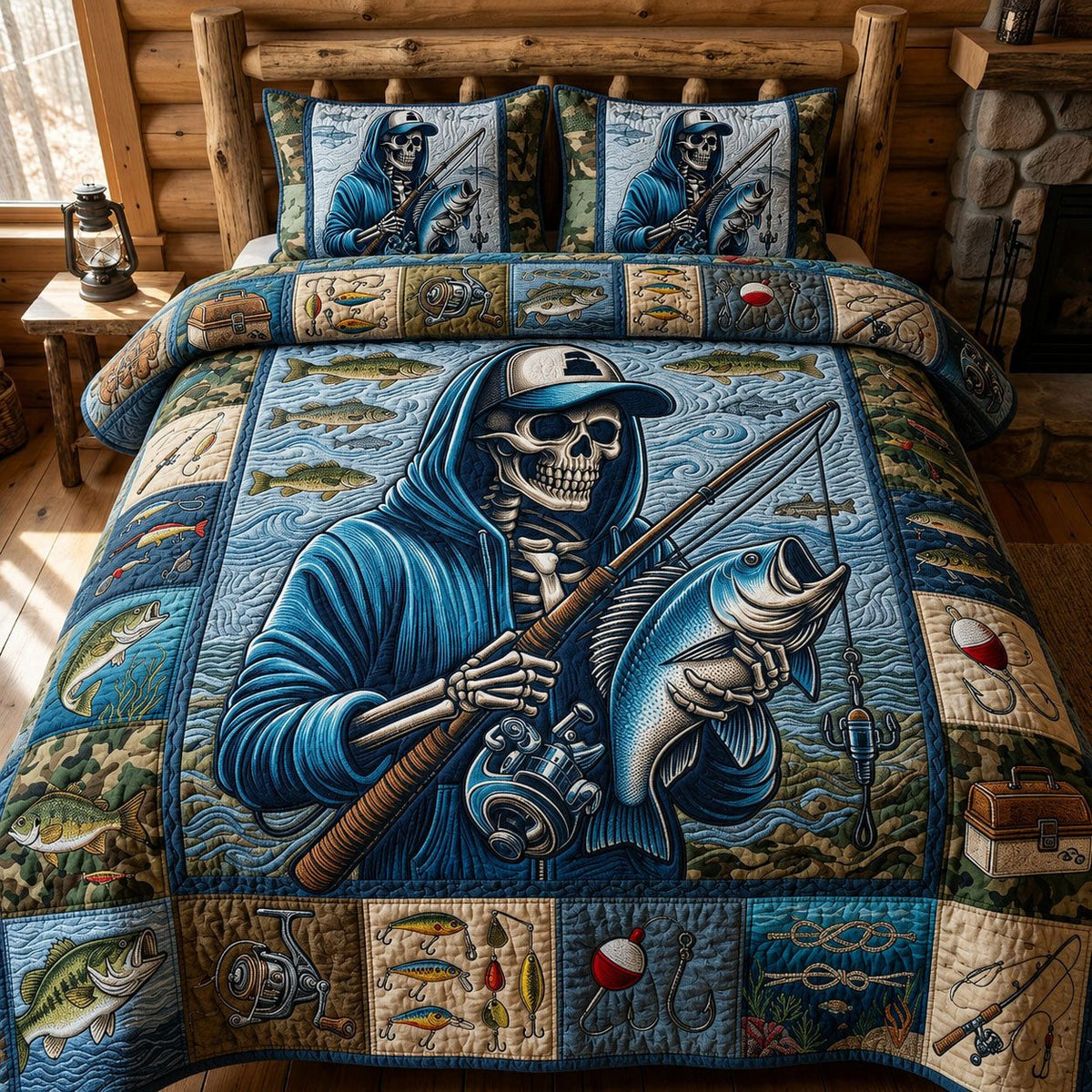 Bass Fishing Skull quilted 3-piece bedding set on a made bed against a dark styled interior