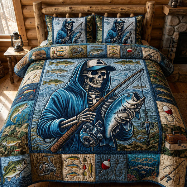 Bass Fishing Skull quilted 3-piece bedding set on a made bed against a dark styled interior