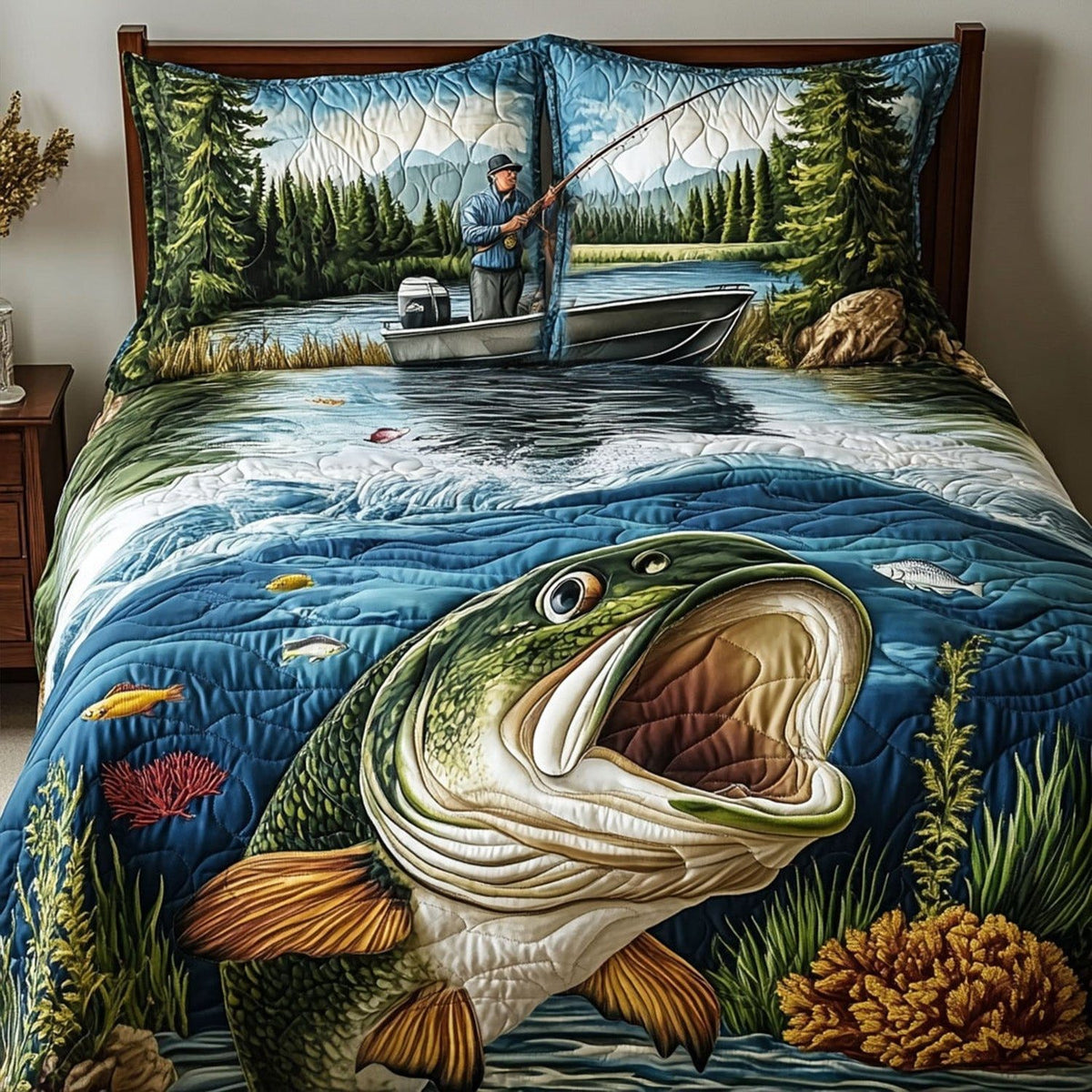 Bass Haven quilted 3-piece bedding set on a made bed with two matching pillow shams