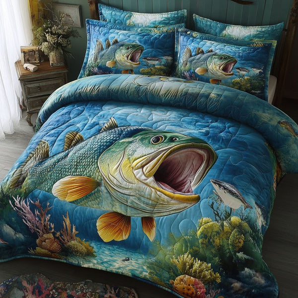 Bass Hunter quilted 3-piece bedding set on a made bed with two matching pillow shams