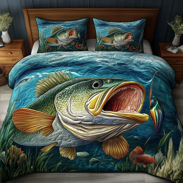 Bass Master quilted 3-piece bedding set on a made bed with two matching pillow shams