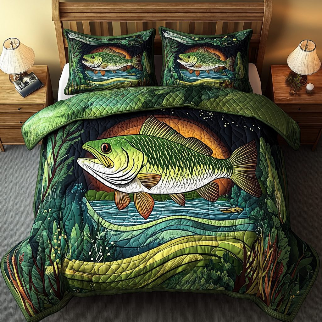 Bass Pride quilted 3-piece bedding set on a made bed with two matching pillow shams