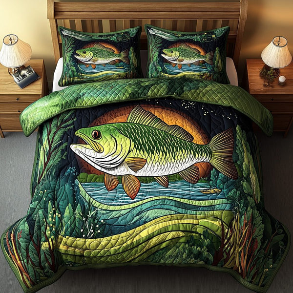 Bass Pride quilted 3-piece bedding set on a made bed with two matching pillow shams