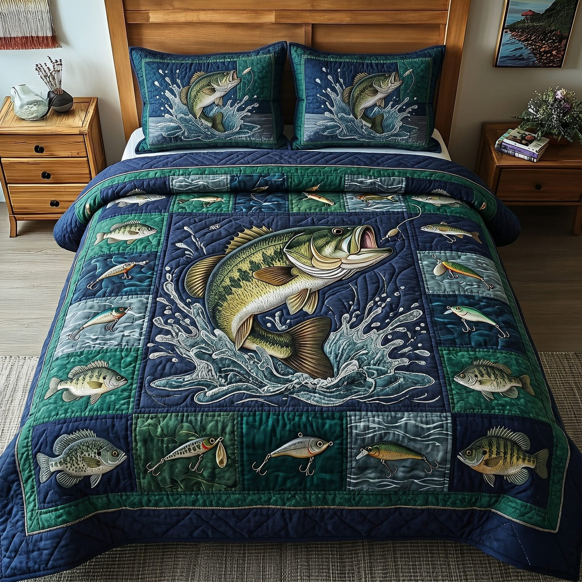 Bass Splash quilted 3-piece bedding set on a made bed with two matching pillow shams